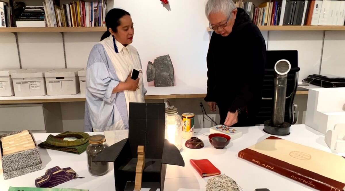 Curator Lian Ladia and Artist, Al Wong with a Paul DeMarinis Sound Piece in the Paule Anglim Archive Room. 500 Capp Street, SF.