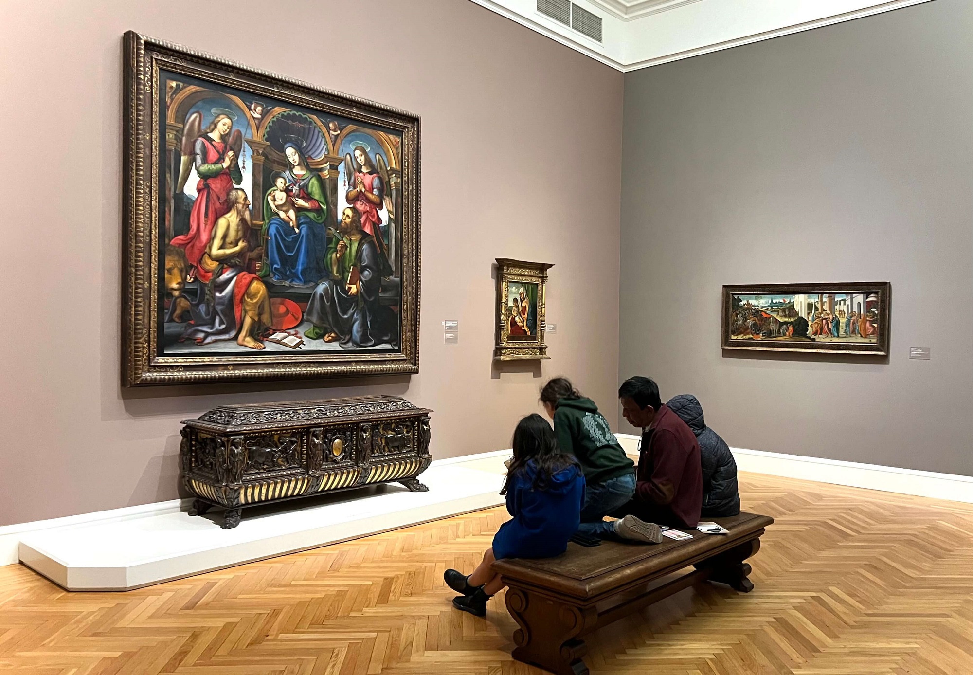 Centennial Party Visitors Drawing the Raffaellino del Garbo Madonna Enthroned with Saints and Angels,1502. Legion of Honor, SF.