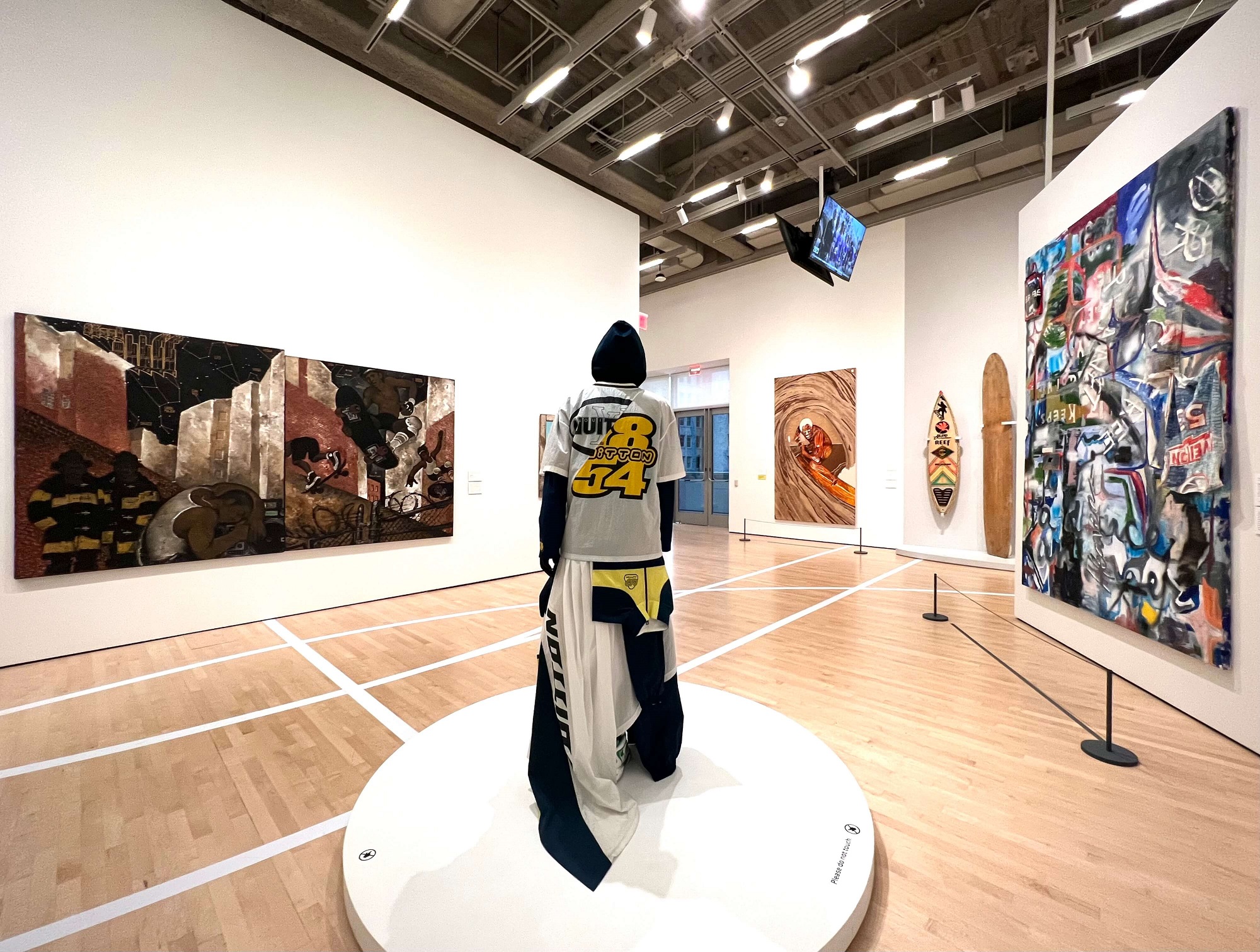 Installation View Get in the Game. Virgil Abloh for Louis Vuitton Fall/Winter 2022–23 (center). SFMOMA, SF.