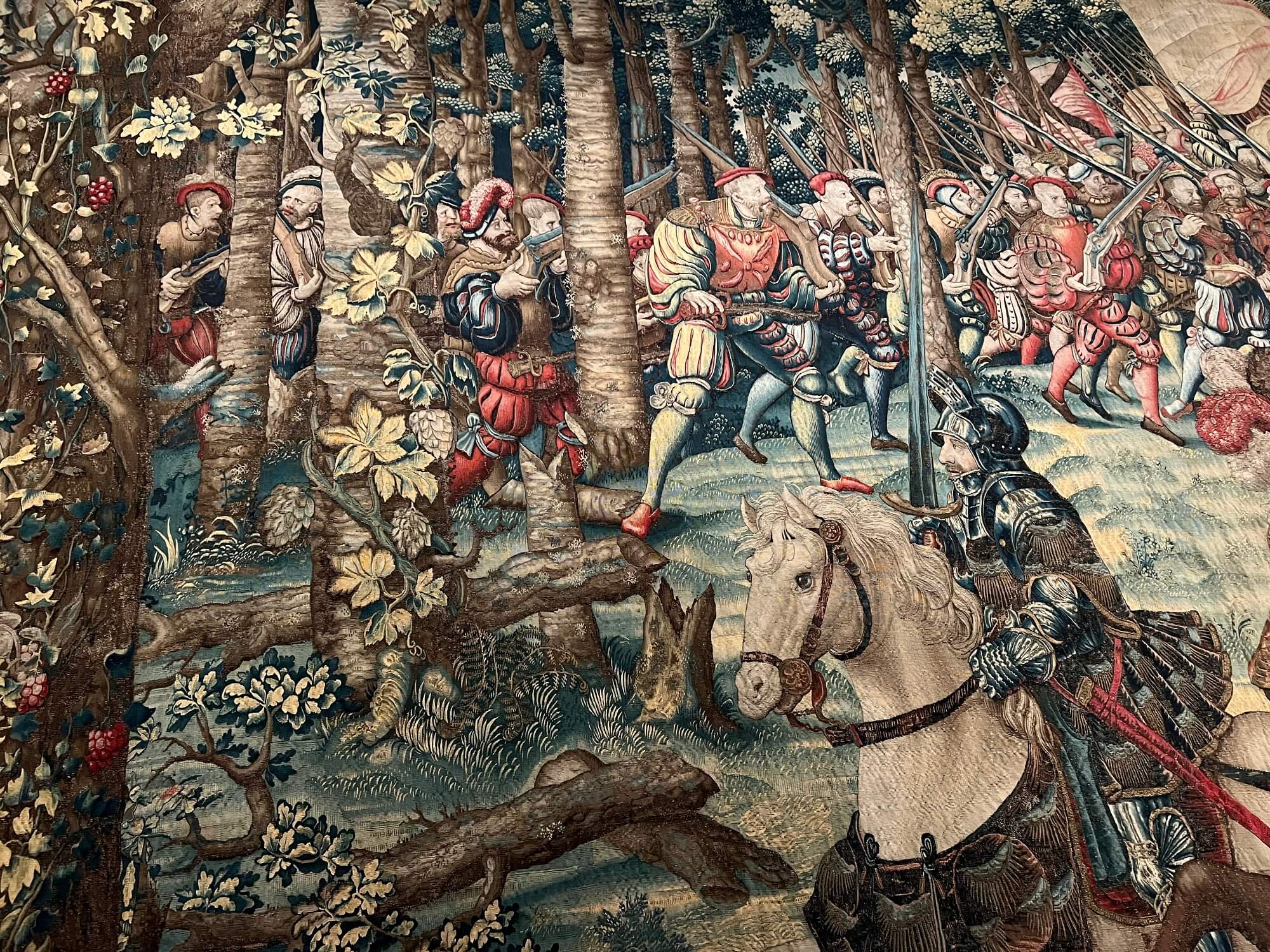 Bernard van Orley. Detailed View II of The Advance of the Imperial Army and Counterattack of the French Cavalry Led by King Francis I, ca. 1528-1531. Battle of Pavia Tapestries. de Young Museum, SF.