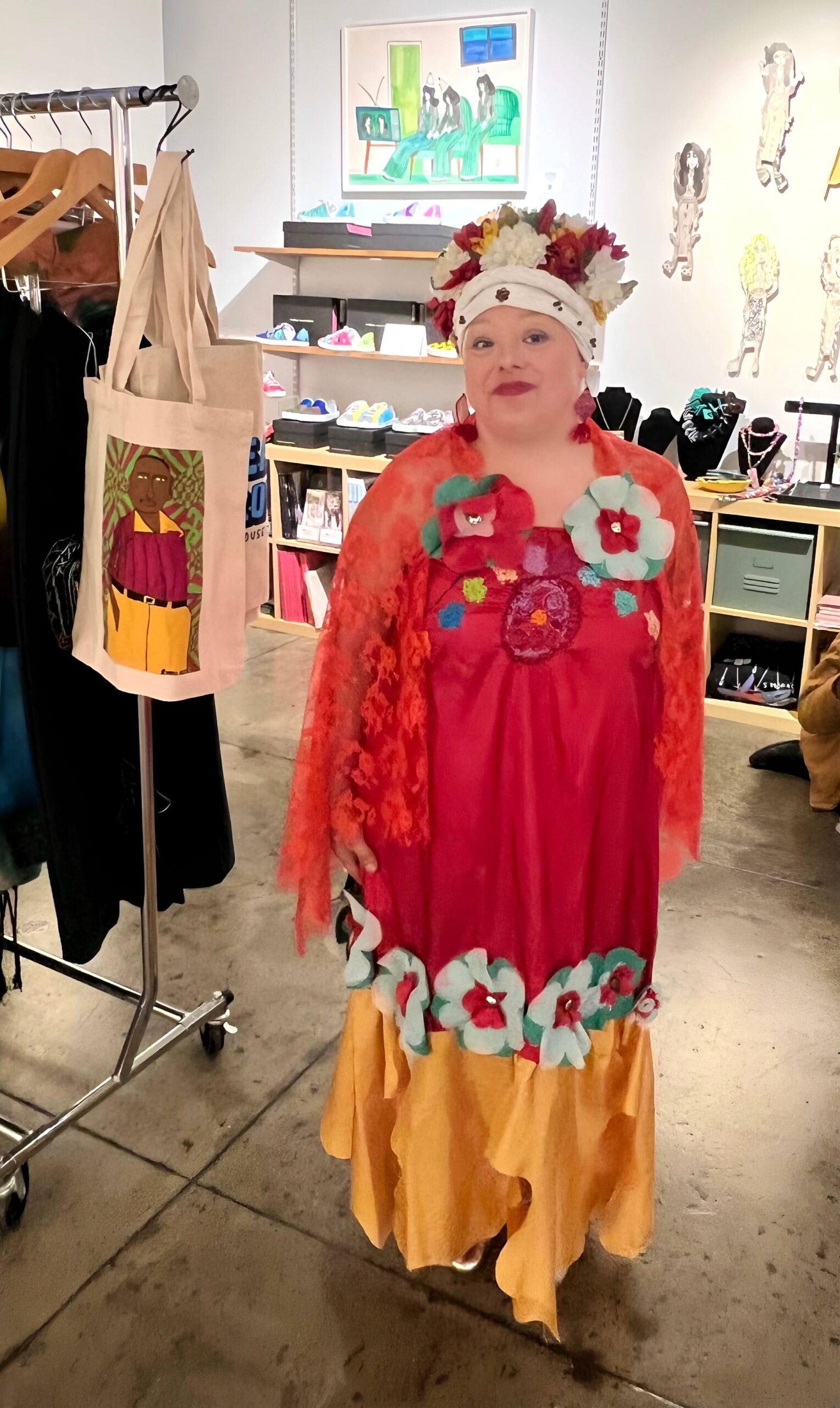 Artist Lizzy Rangel, in—of course—Lizzy Rangel. Fashion is the Sunshine That Spotlights Everyone. Creative Growth, Oakland.
