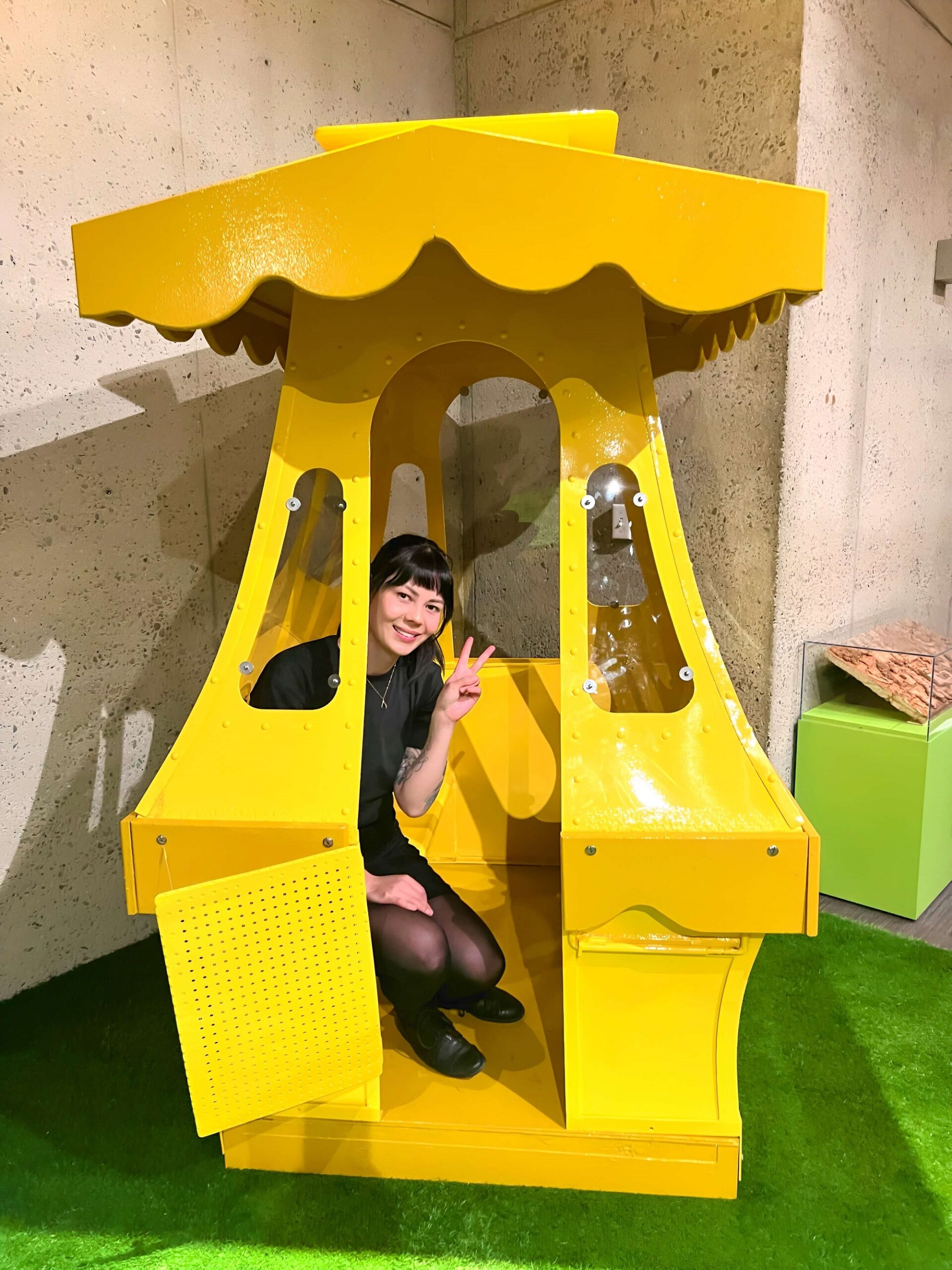 Artist Nora Aoyagi in Fairyland's Jolly Trolly Car. Fairyland at 75. OMCA, Oak.