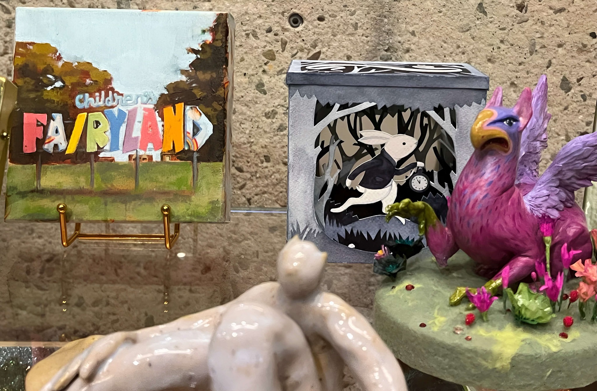 Fairyland @ 75: Works featuring Fairyland Sign by Reese Wallace; White Rabbit by Nora Aoyagi; Gryffin by Jessica Dalva; and Mushrooms by Angelica Colliard. OMCA, Oak.