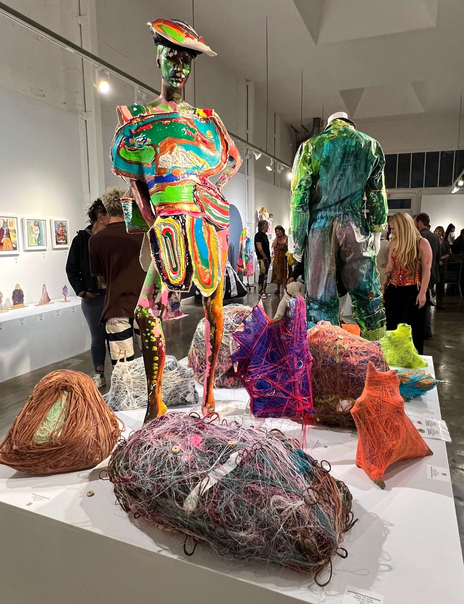 Tony Pedemonte Fiber Sculptures and Jumpsuit and Jade Saren Dress. Fashion is the Sunshine That Spotlights Everyone. Creative Growth, Oak.