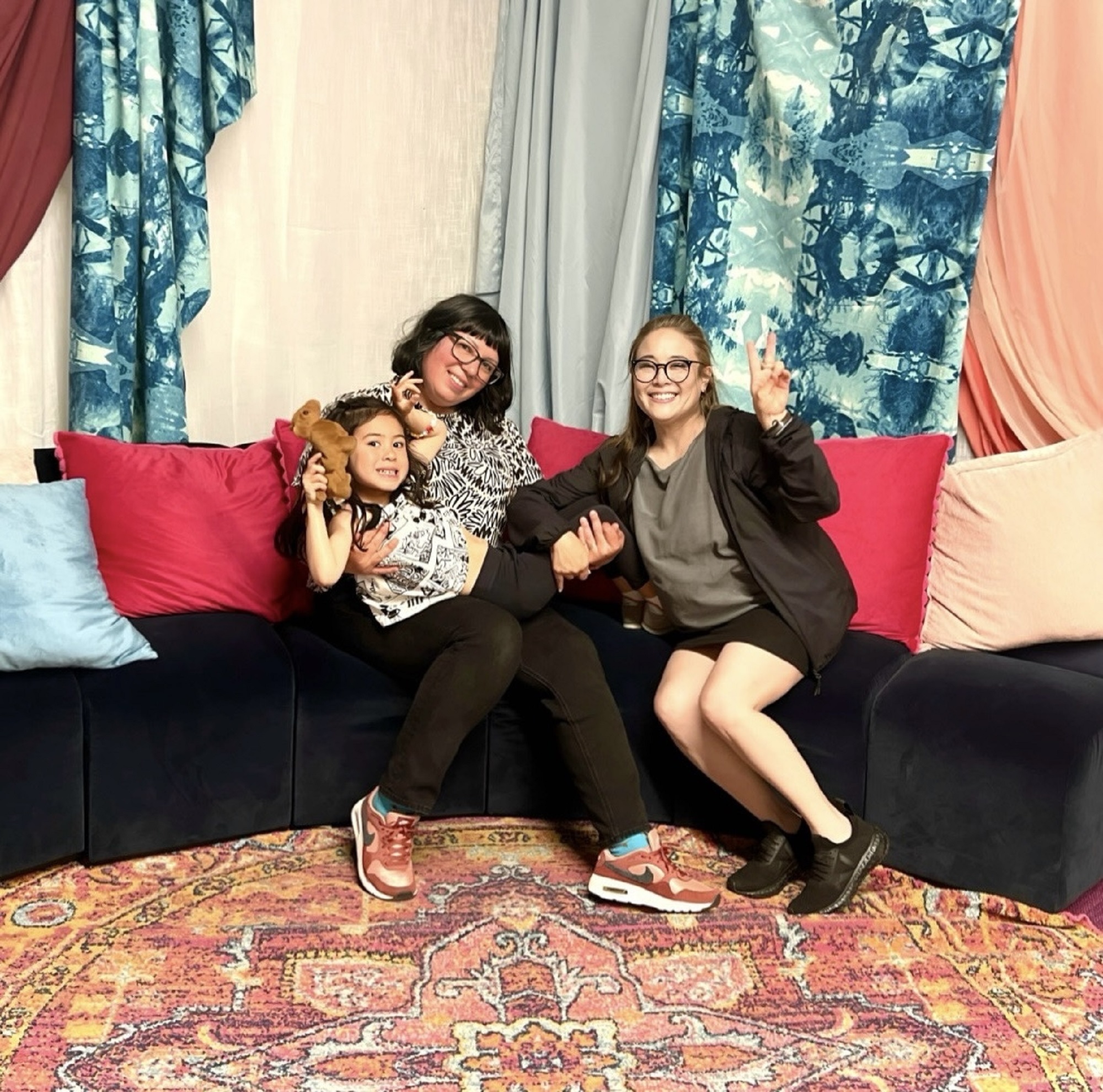 Natalie Cartwright, Esmeralda, and Michelle Kwan in the David Antonio Cruz: stay, take your time, my love Family Portrait Studio. Institute of Contemporary Art, SF.