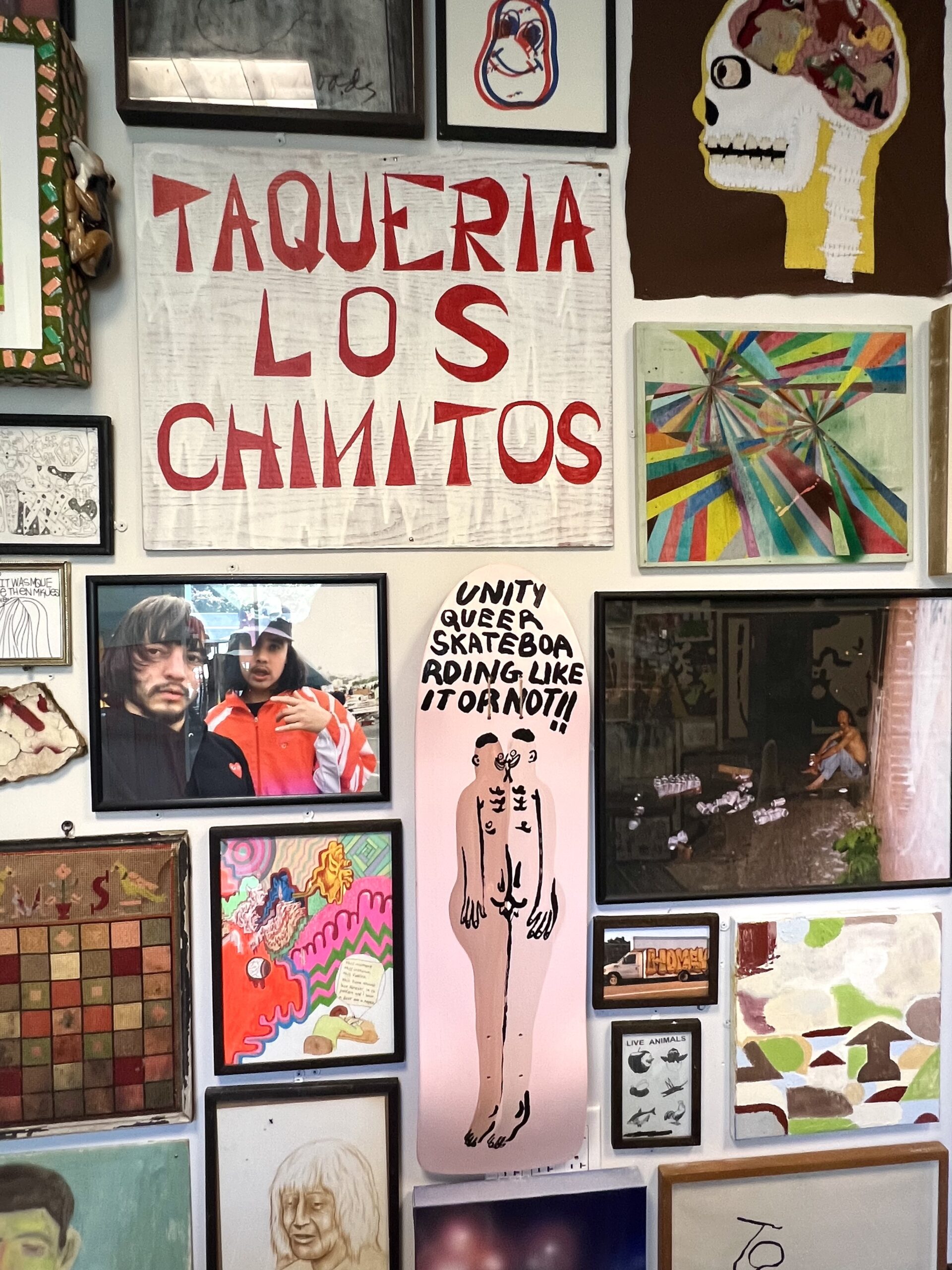 Works in Barry McGee's "Cluster" Room include a Unity Skateboarding Deck Painted by Jeffrey Cheung. Bay Area Now. YBCA, SF.