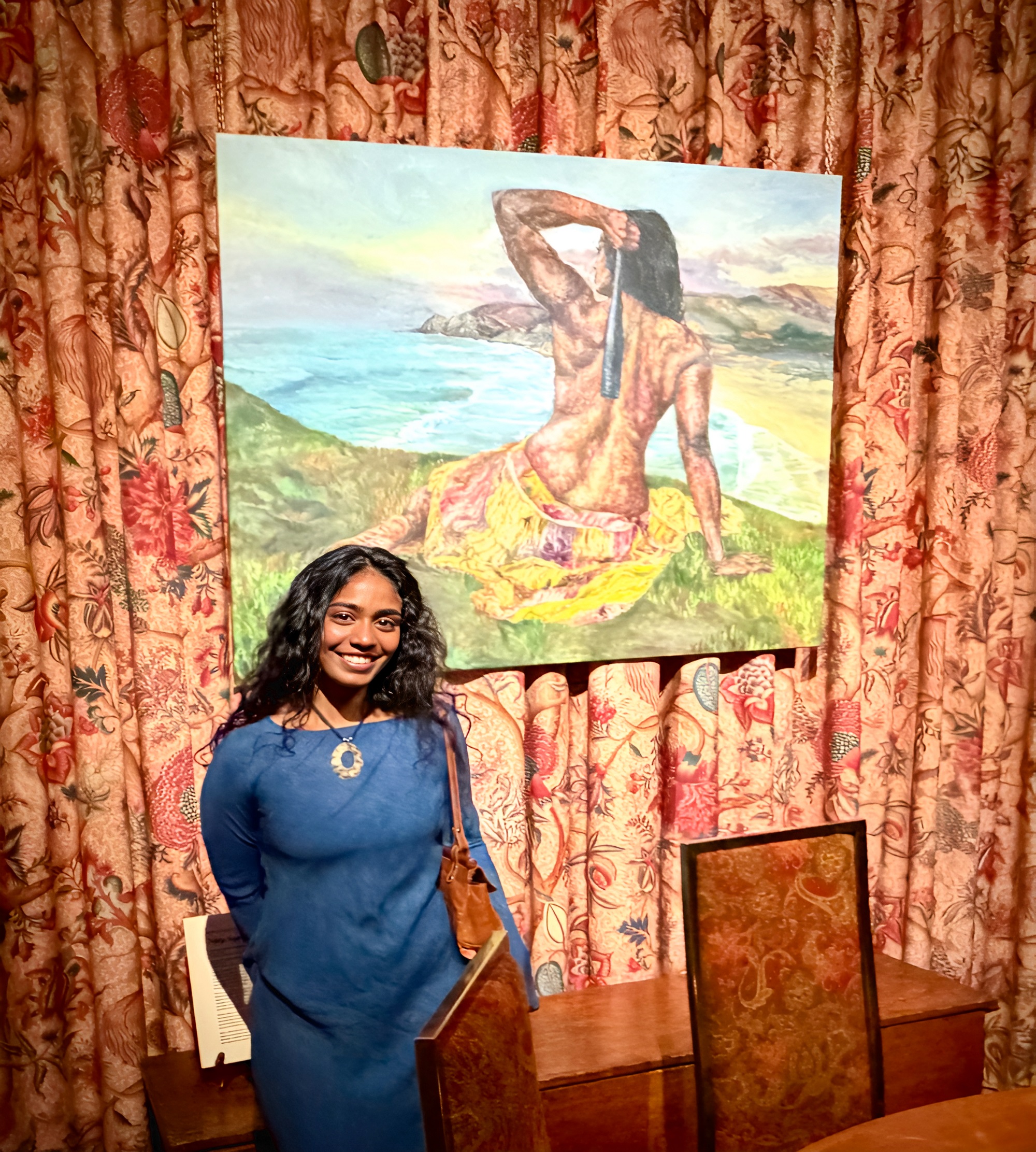 Artist Nibha Akireddy w/ Montara/Steel Club Pullover, 2024 feat. in The Recompense for the Righteous. Saint Joseph's Arts Society, SF.