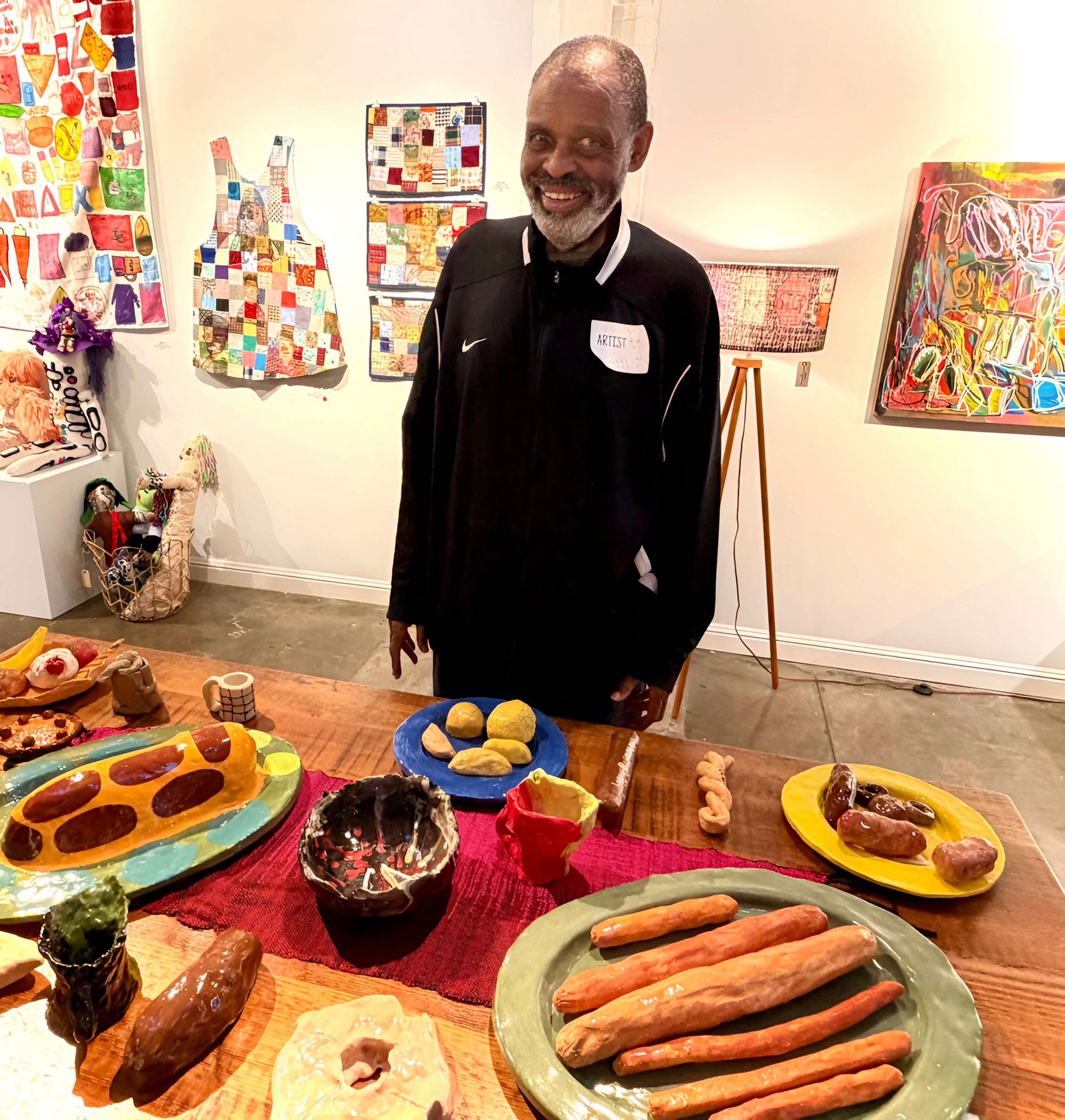 Artist Larry Randolph with his Ceramic Food Sculptures. Home Show. Creative Growth, Oakland.
