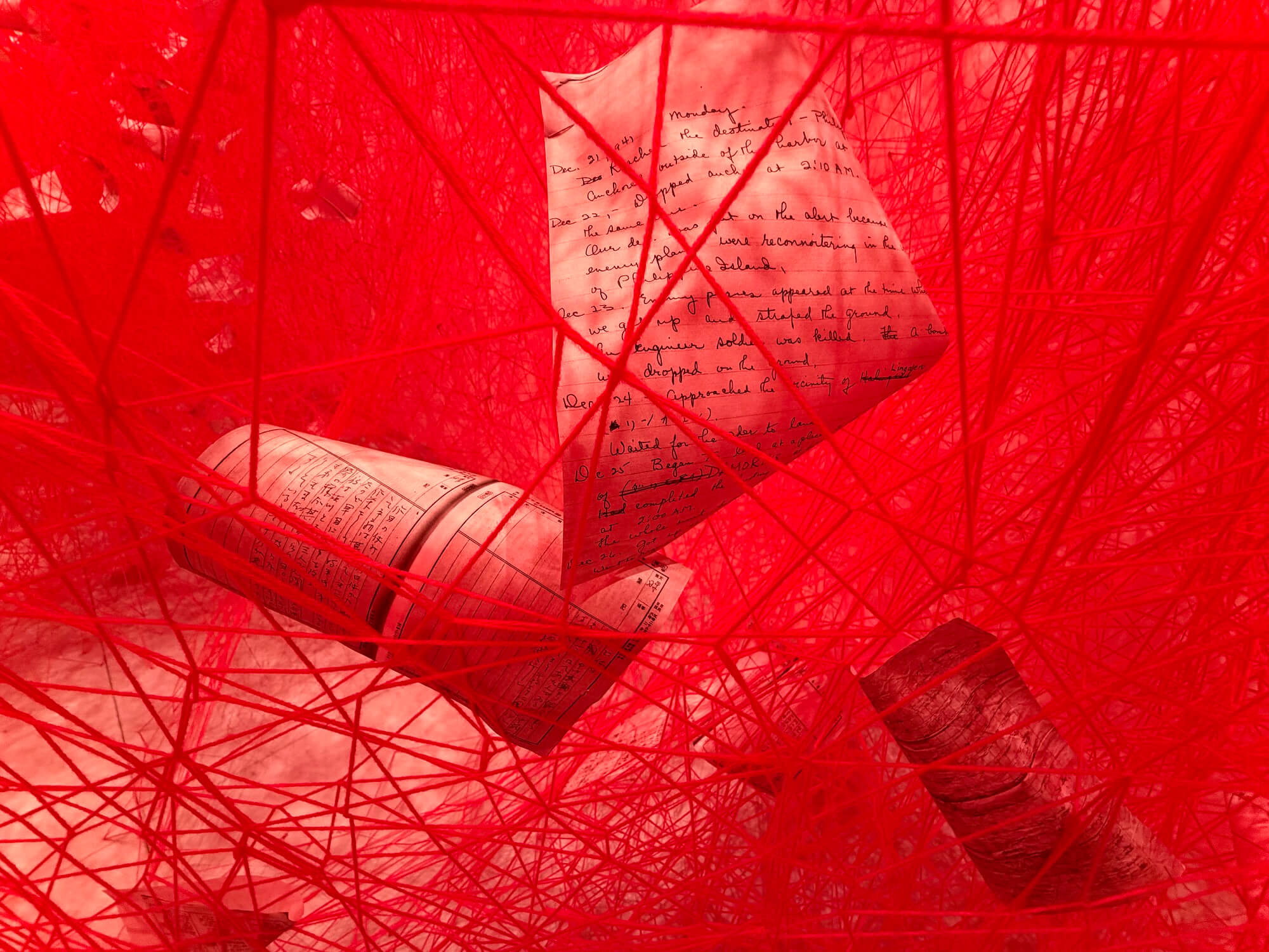 Chiharu Shiota's Diary features Letters Written by Soldiers in English and Japanese during WWII. Two Home Countries. Asian Art Museum, SF.