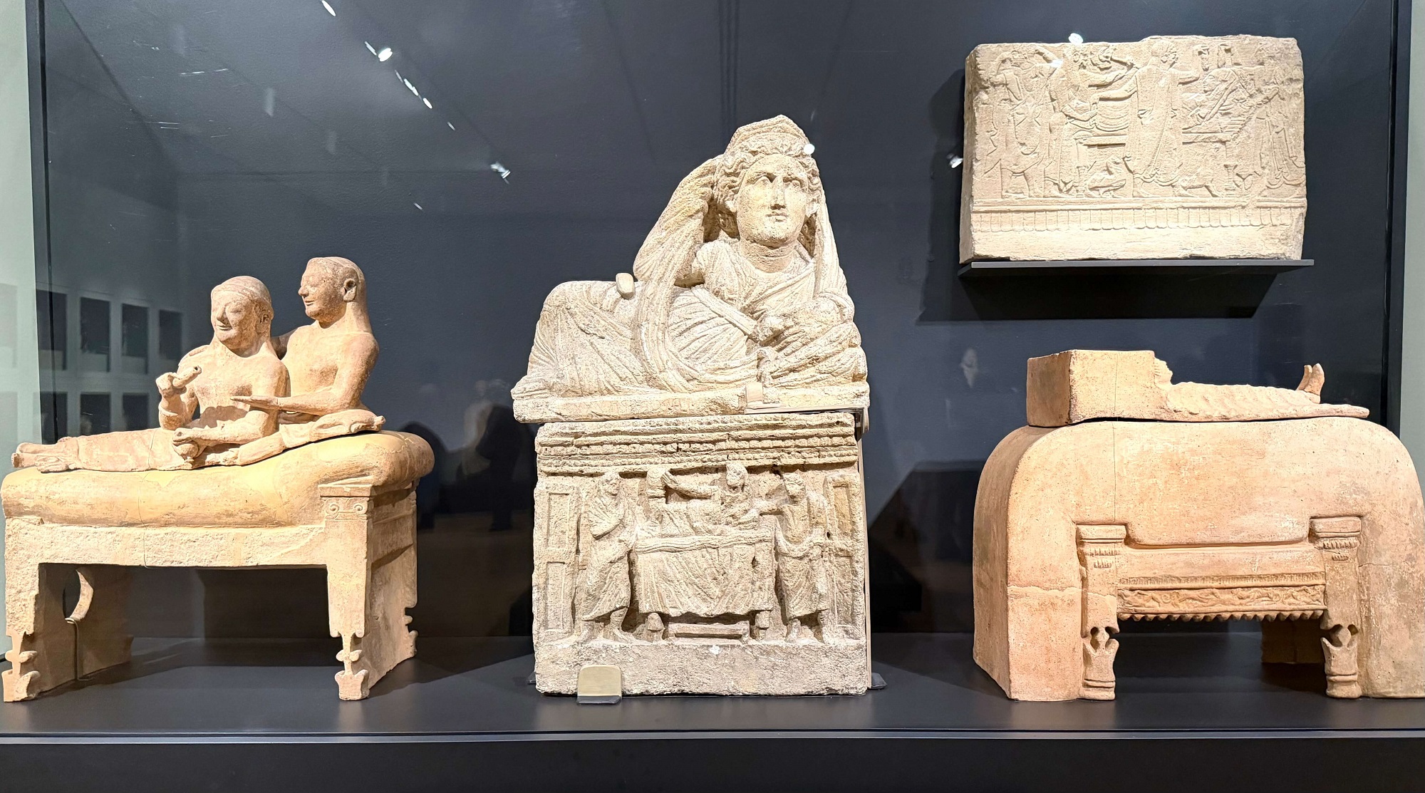 Etruscan cinerary urns and funerary monuments, 6th–3rd centuries BC, illustrating women’s status in Etruscan society. The Etruscans: From the Heart of Ancient Italy. Legion of Honor, SF.